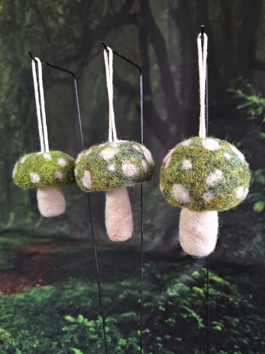 3 Green Hanging Toadstools. Needle Felted with Wool Fibres.. FREE SHIPPING.