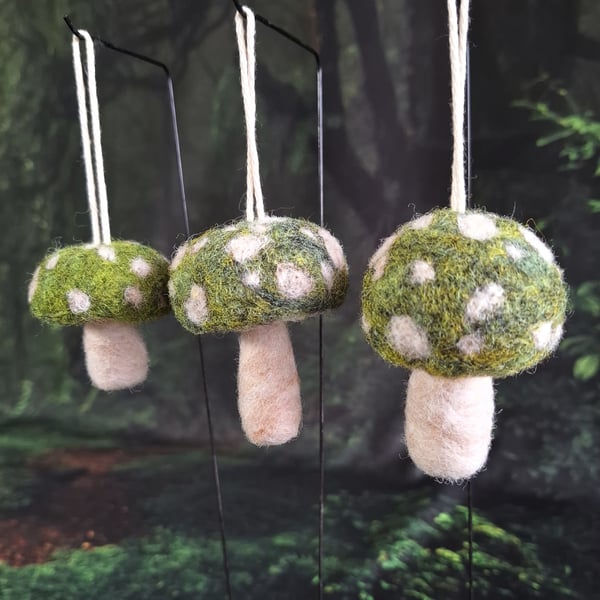 3 Green Hanging Toadstools. Needle Felted with Wool Fibres.. FREE SHIPPING.