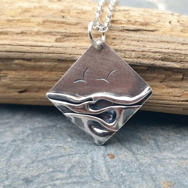Silver beach, coast, shoreline pendant 