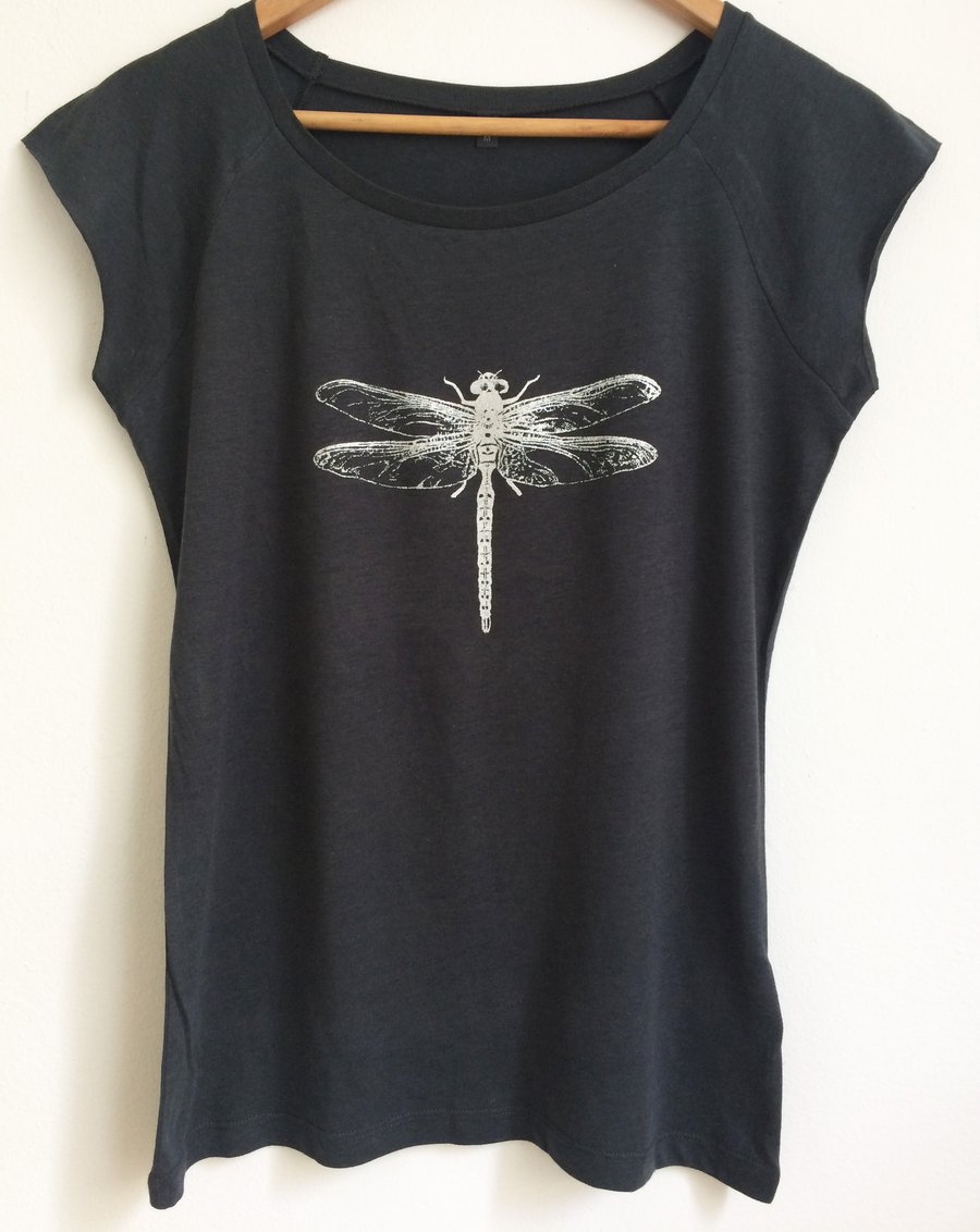 Dragonfly womens T shirt grey organic cotton and viscose