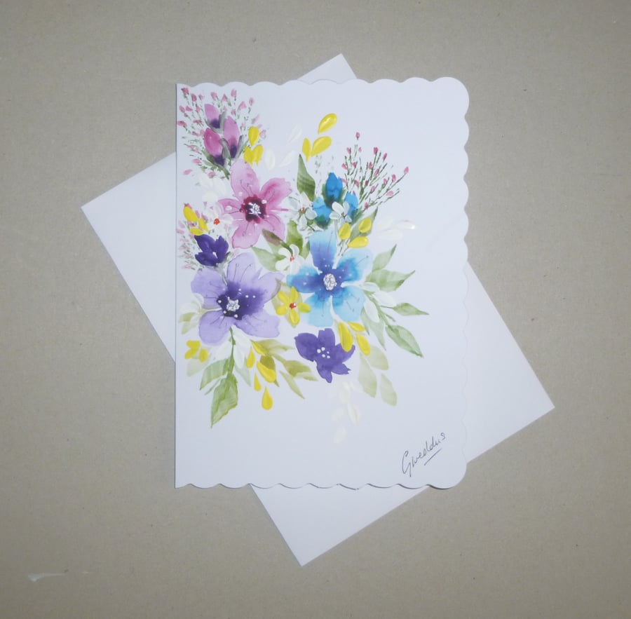 hand painted original art floral blank card ( ref FA 325 A6 )