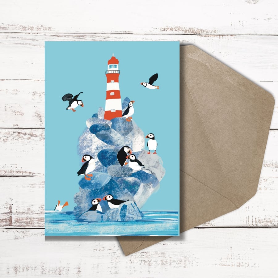 Card Puffin coastal lighthouse blank card all occassions