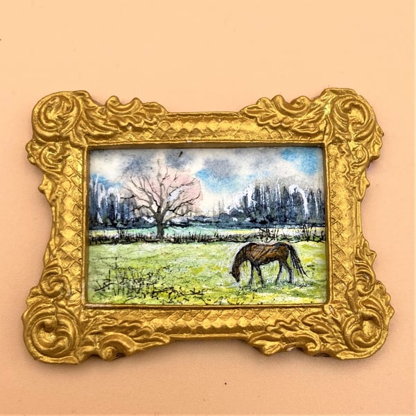 Tiny Miniature Painting, Doll house scale, Landscape with horse in green field.