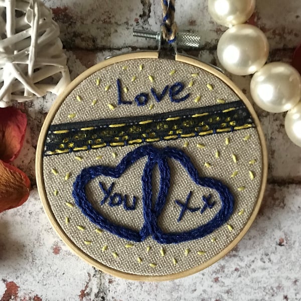 Hand Embroidered Blue Entwined Hearts Hoop Art