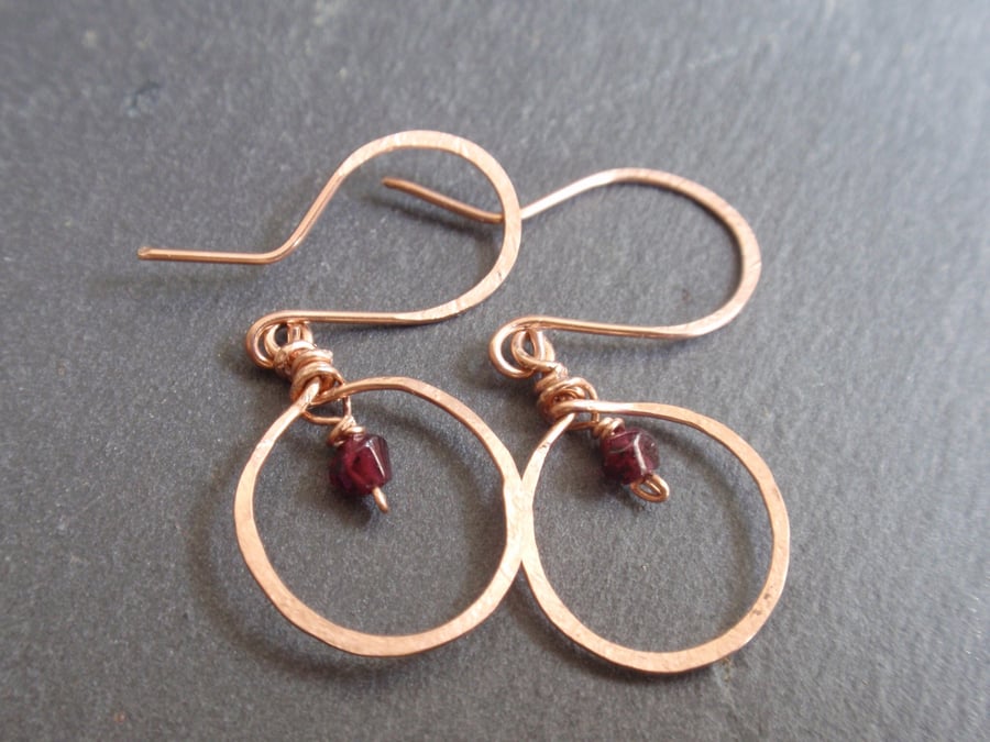 Rose gold garnet earrings, gold hoop earrings with dark red gemstone