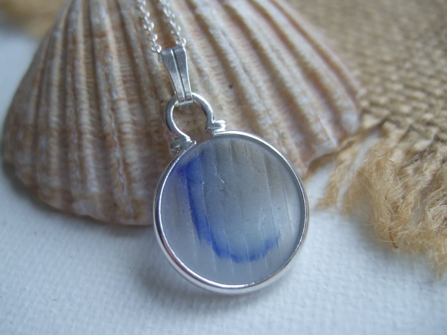 Japanese Sea Glass Ohajiki Marble Necklace Blue White 18" Sterling 