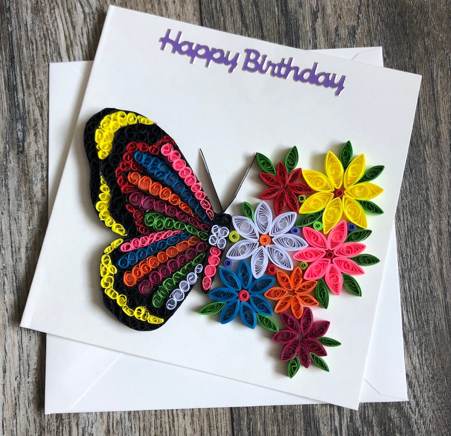 Handmade quilled happy birthday half butterfly card