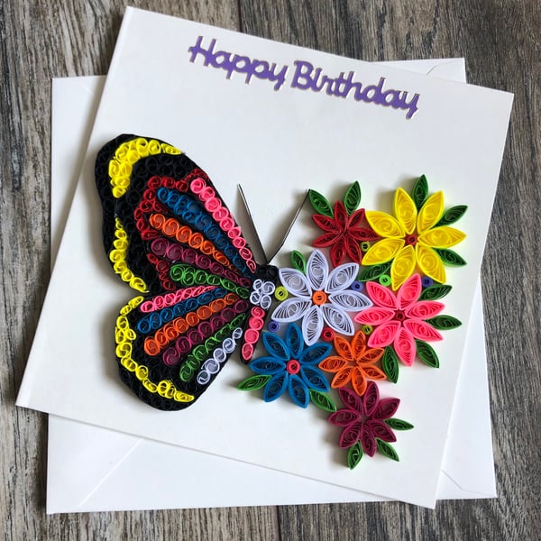 Handmade quilled happy birthday half butterfly card