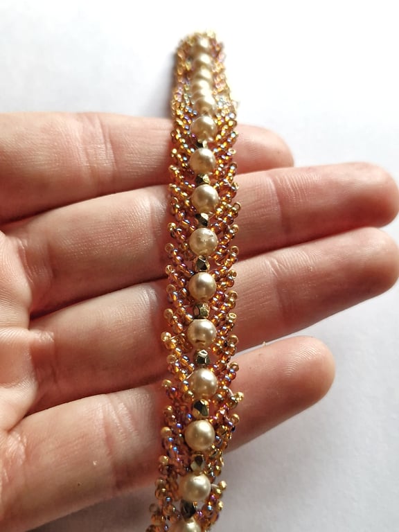 Gold peach and pearl St Petersburg weave beaded bracelet