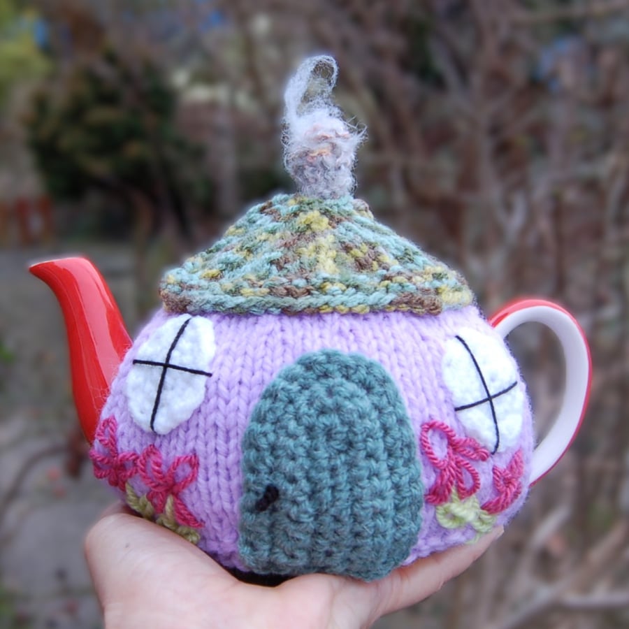 Country cottage tea cosy - hand embroidered, to fit a tea for one or two  teapot