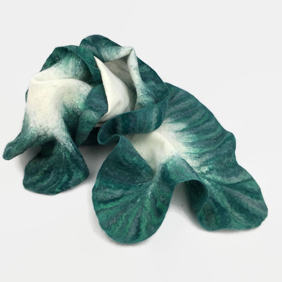 Nuno felted scarf, white with green ruffled border