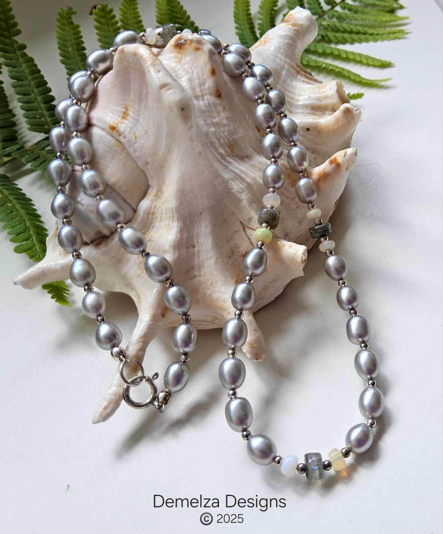 Designer Rice Pearl,  Labradorite & Ethopian Wello Opal 925 Silver Necklace 