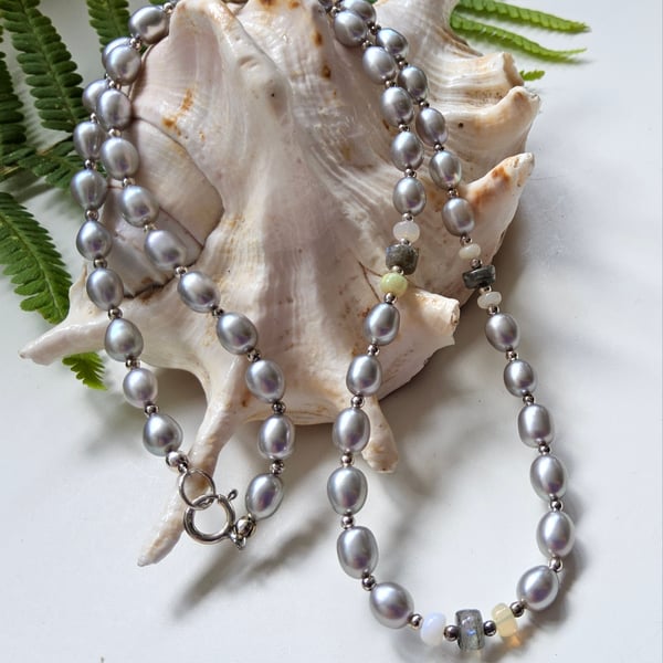 Designer Rice Pearl,  Labradorite & Ethopian Wello Opal 925 Silver Necklace 
