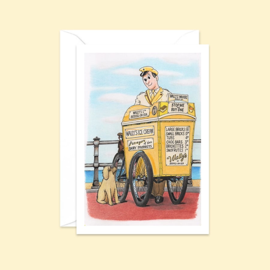 Seaside Greeting Card: Pencil Illustration of an Ice Cream Man and a Dog (810)