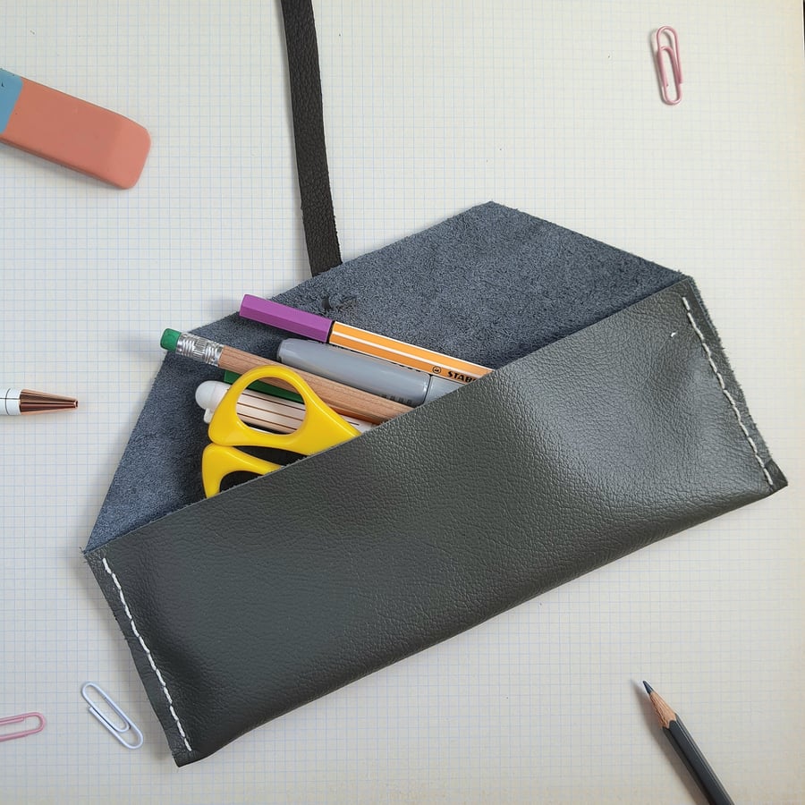 Grey leather pencil case, upcycled leather stationery case