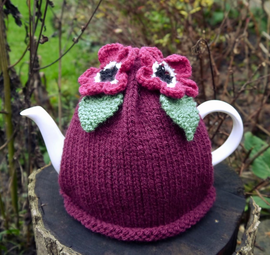Hand Knitted Tea Cosy with Dark Pink Flowers