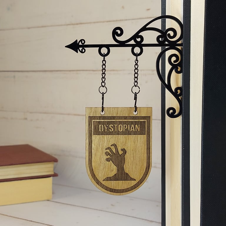 Dystopian Genre Divider Bookshelf Decor  Solid Walnut Library Sign