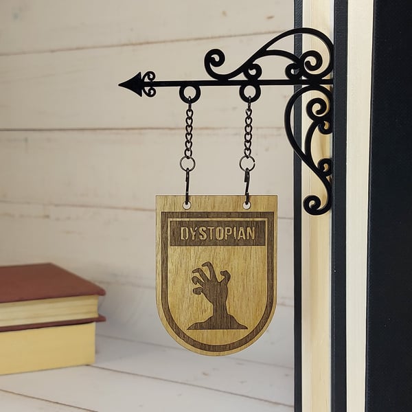 Dystopian Genre Divider Bookshelf Decor  Solid Walnut Library Sign