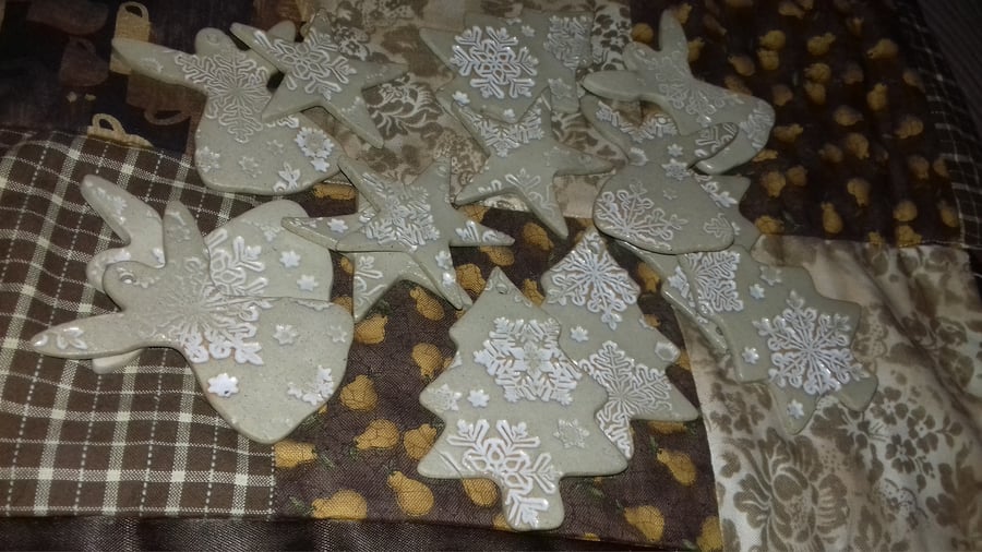 Handmade ceramic Christmas decorations, designs tree, star, Angel