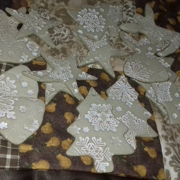 Handmade ceramic Christmas decorations, designs tree, star, Angel