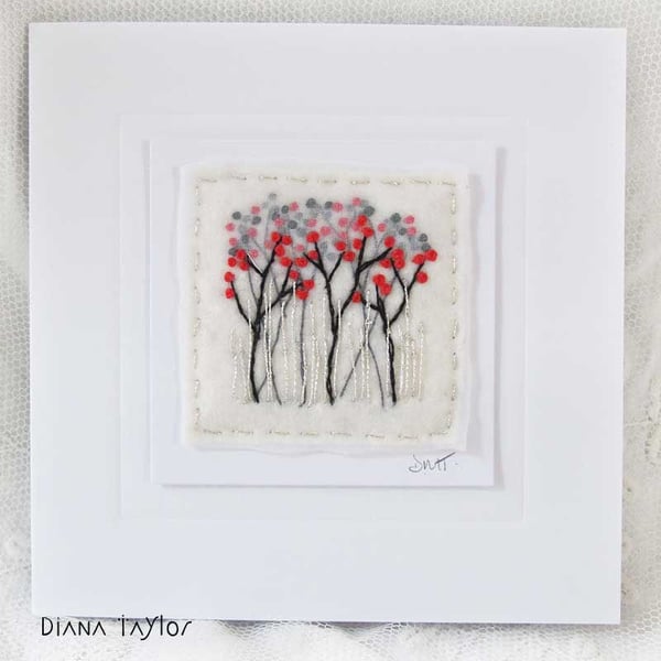 HAND EMBROIDERED WINTER CARD BERRIES CHRISTMAS