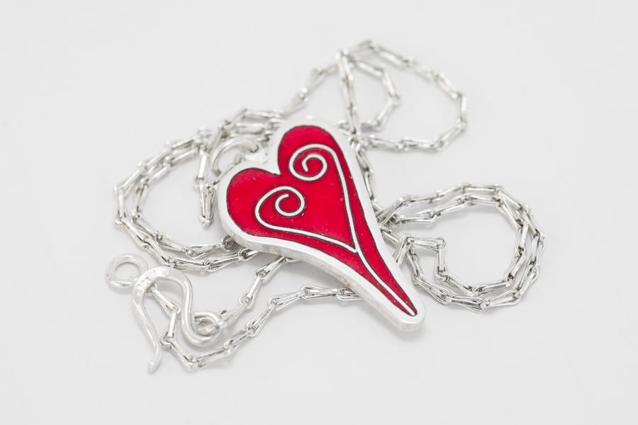 My Quirky Heart Necklace, Red Enamel Sterling Silver Pendant