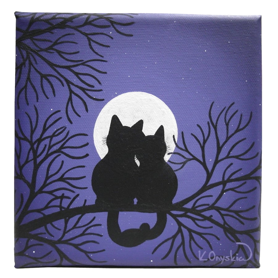 Cat Art - small acrylic painting of a moonlit scene with black cats in s tree