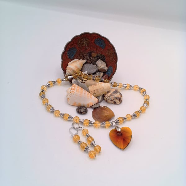 Jewellery Set with Yellow Topaz Beads, Cones and a Golden Brown Crystal Heart
