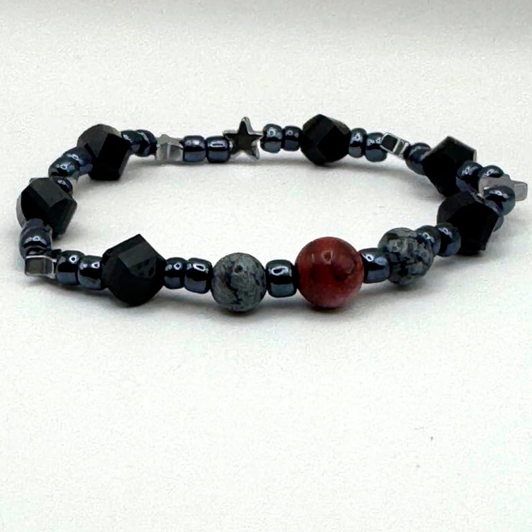 Mars and Her Moons - Fancy Jasper and Snowflake obsidian crystal bracelet 