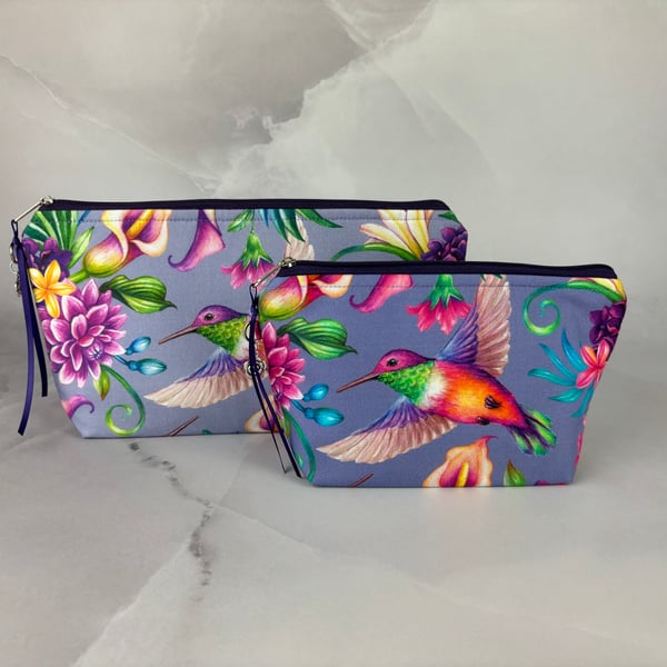 Hummingbirds zip bag, Birds makeup bag, 2 size options, Handmade