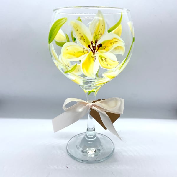 Hand Painted Gin Glass with Stargazer Lily Yellow Gin Glass Birthday Gift