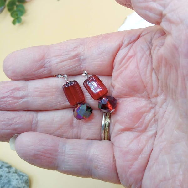 Garnet Red Glass Rectangle and Crystal Earrings, Earrings for Pierced Ears