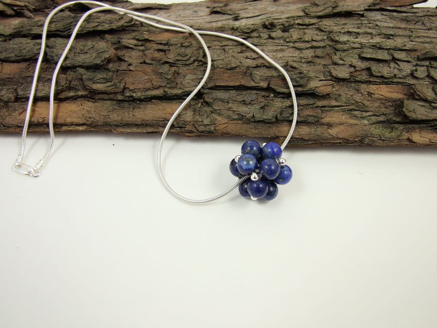 Lapis Lazuli Necklace, Sterling Silver and Handwoven Beaded Bead Gemstone Ball