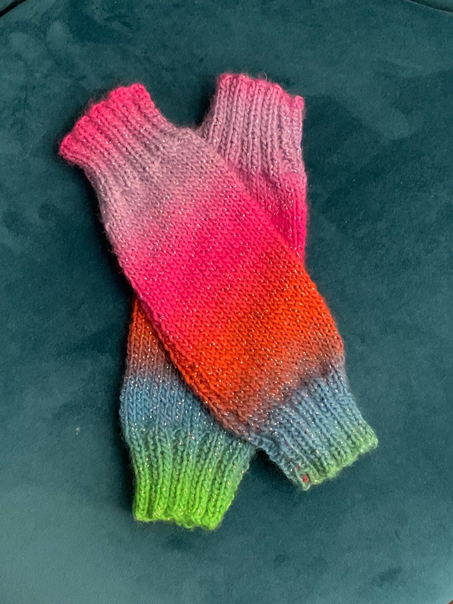 Hand Knitted Vibrant Fingerless Wrist Warmers With Sparkle