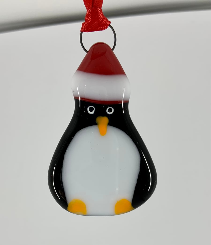 Handmade Fused Glass Penguin Hanging Christmas Decoration 