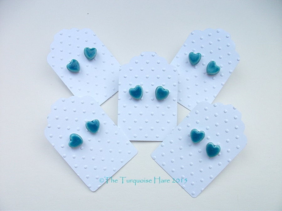 Turquoise heart ceramic stud earrings - sterling silver