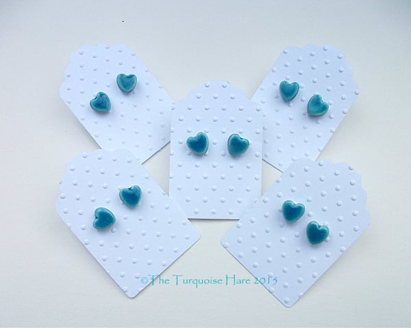 Turquoise heart ceramic stud earrings - sterling silver