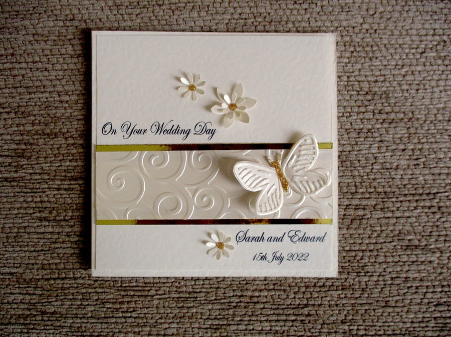 Sparkly Butterfly Wedding Card - Personalised - Congratulations Card - Ivory