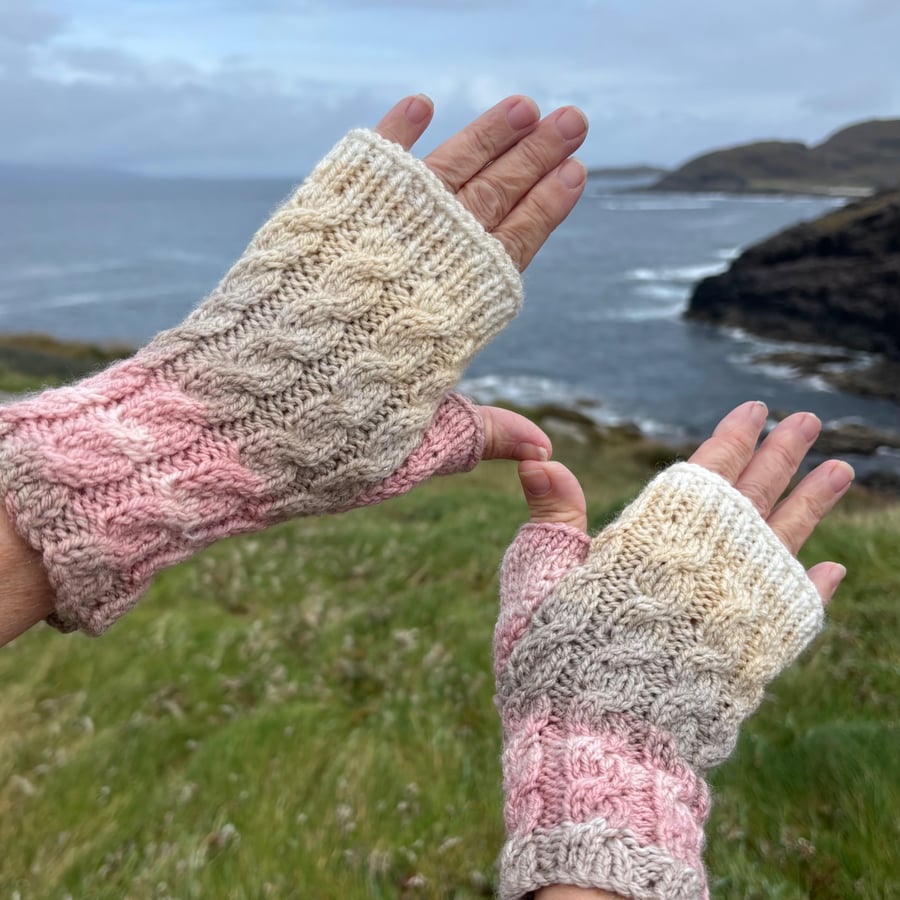 Hand knitted fingerless gloves       ROSE AND CREAM 