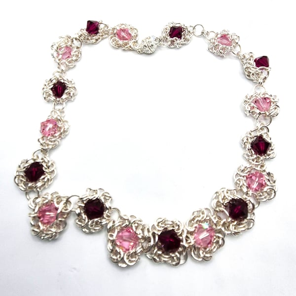 Silver plated chainmaille necklace with Swarovski crystals