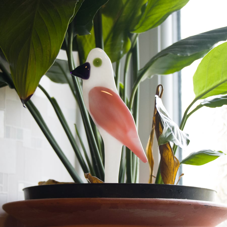 White and Pink Pot Parrot in Fused Glass - 3200-07