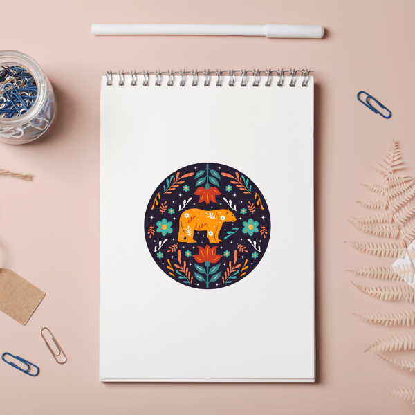 Floral Folk Bear Round Matte Vinyl Large Sticker