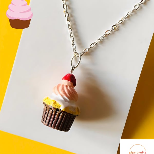Fun Cupcake Necklace, 18 Inch Chain, Quirky Handmade Food Jewellery 