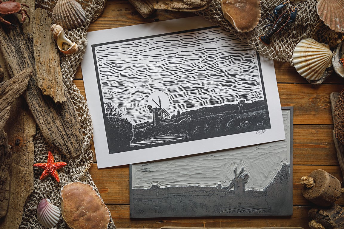 Cley windmill - original linocut print A3