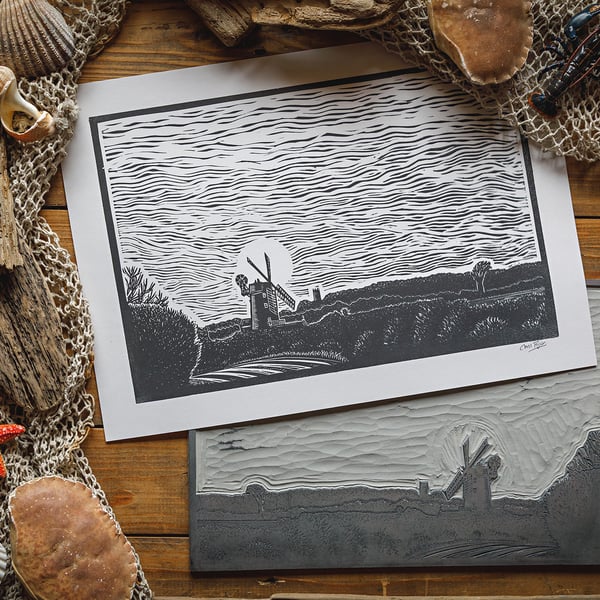 Cley windmill - original linocut print A3
