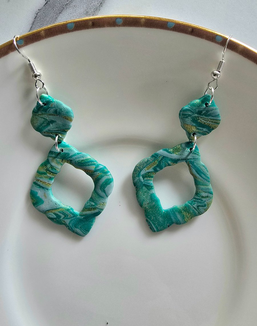 Polymer clay dangle green and gold earrings on silver plated earhooks