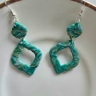 Polymer clay dangle green and gold earrings on silver plated earhooks