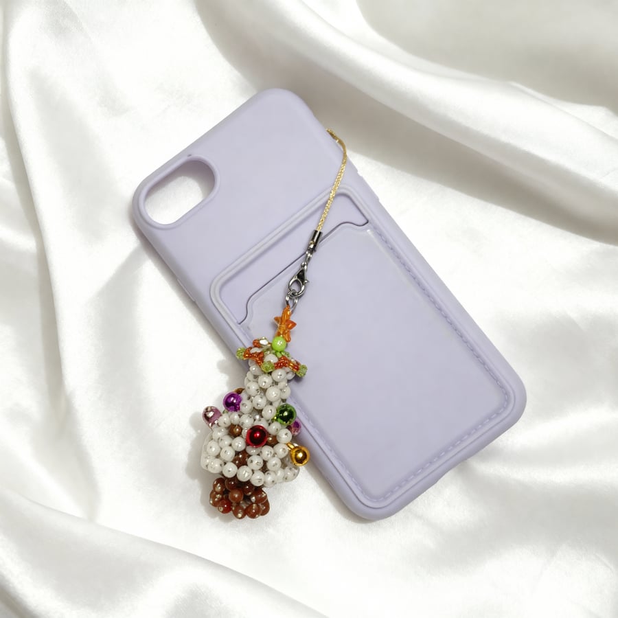 Handmade Beaded Christmas Tree Phone Charm – White