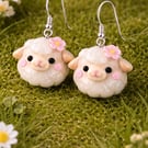 Cute Sheep Clay Earrings with Pink Flower – Handmade Farm Animal Jewellery