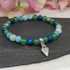 Mala bracelet with 27 blue and green agate and chrysocolla gemstones with hearts